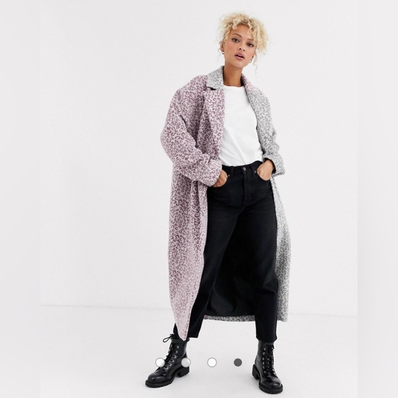 ASOS DESIGN PETITE Mix Gray Pink Leopard Cheetah Animal Print Brushed Coat - Picture 4 of 14
